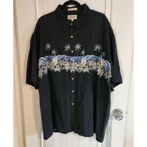 Vintage Campia Moda Men's 2XL Black Rayon Hawaiian  Camp Shirt Ocean Cocktails